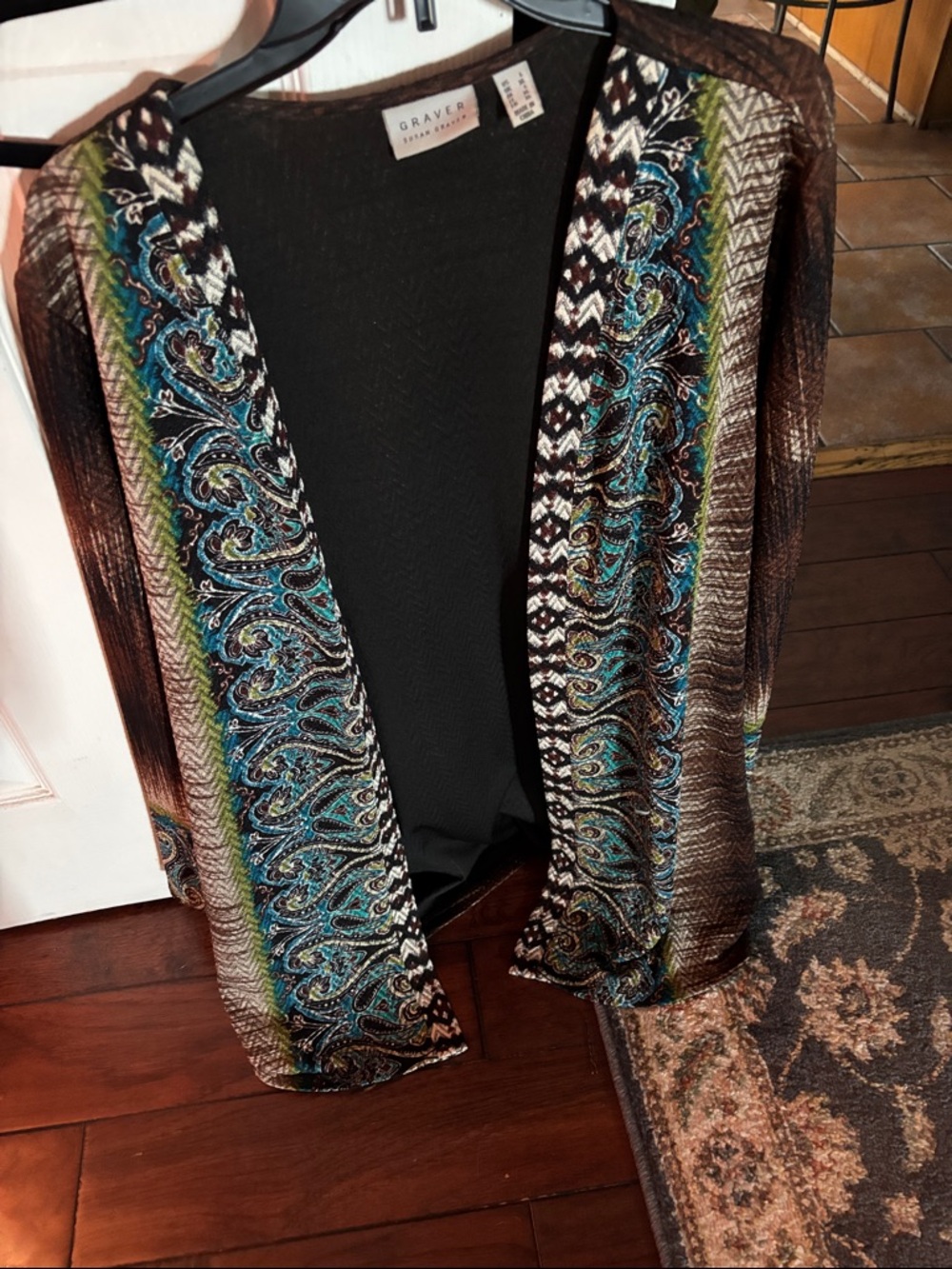 Susan Graver Brown Open-Front Blazer with Teal Paisley Trim